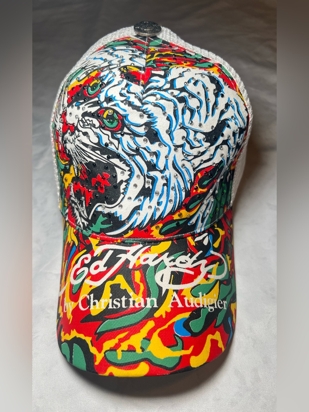Vintage Ed Hardy by Christian Audigier Unisex Tiger Rhinestone Trucker Hat, OS